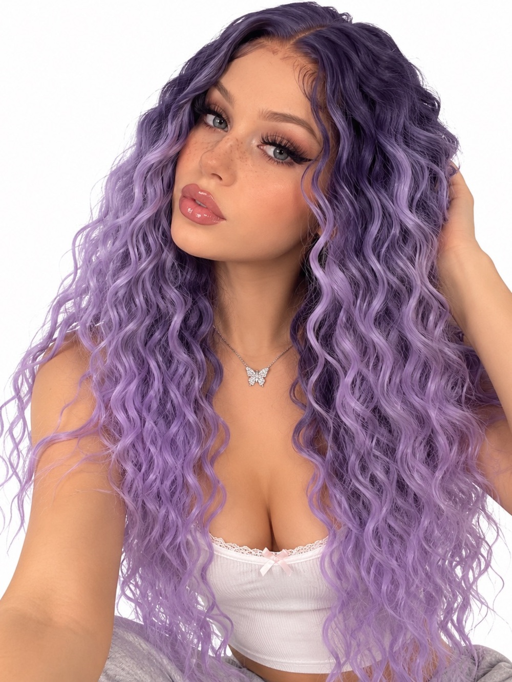 Long Long Deep Wave Curly Wig purple ombre black on roots 22 inch long